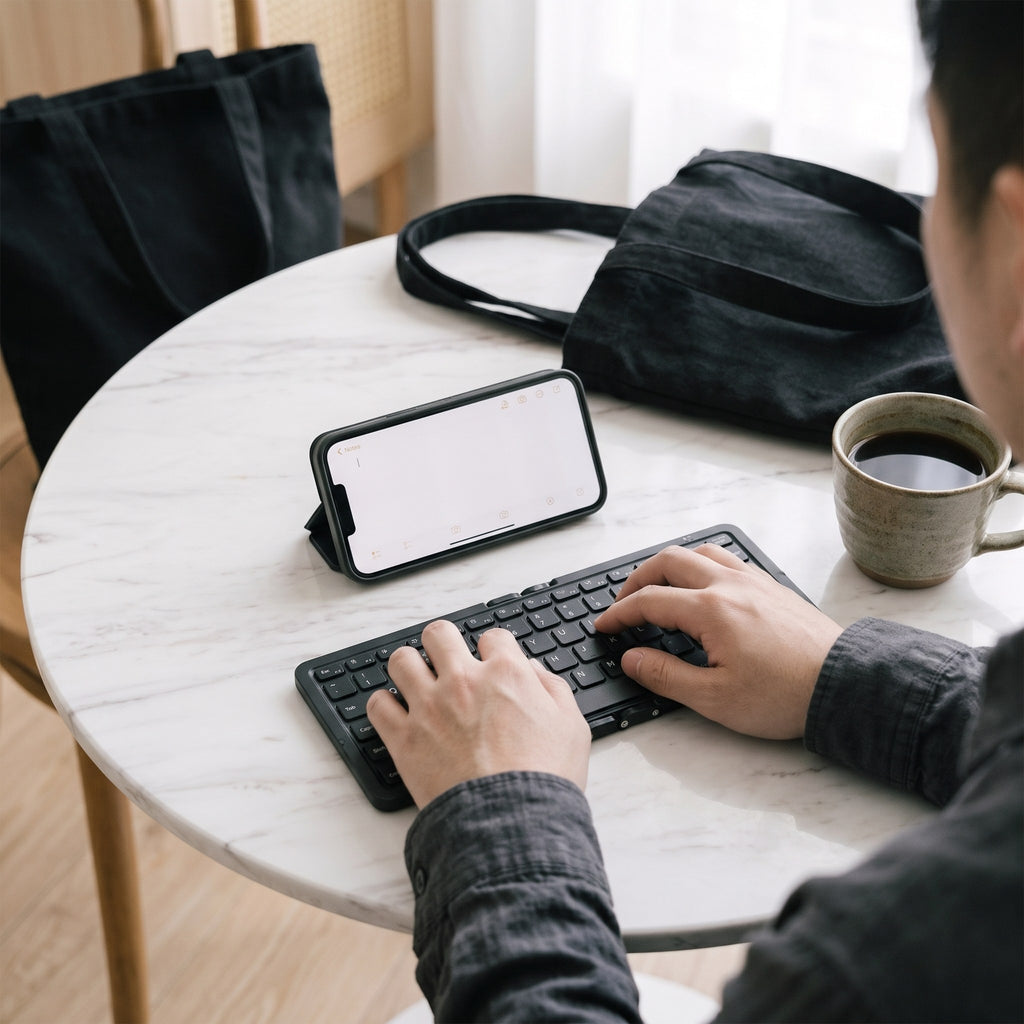 Typing on a phone with the keyboard at a cafe