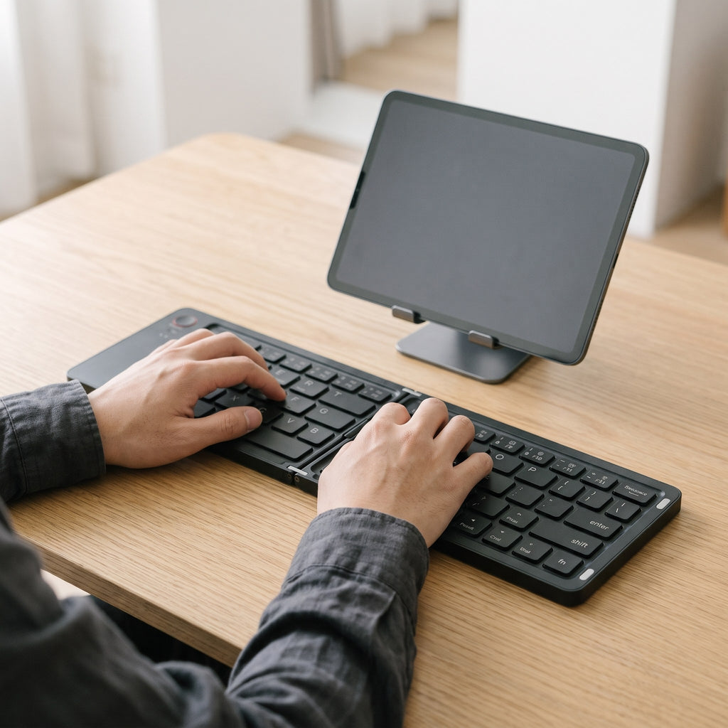 Typing on the foldable keyboard with a tablet