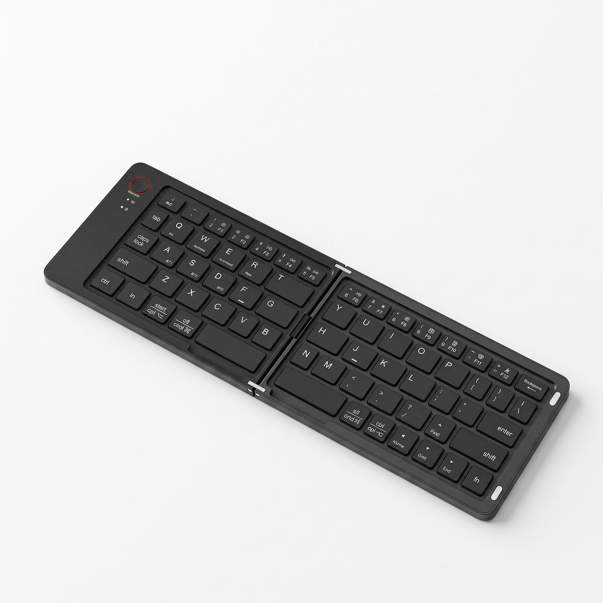 Black foldable Bluetooth keyboard on white