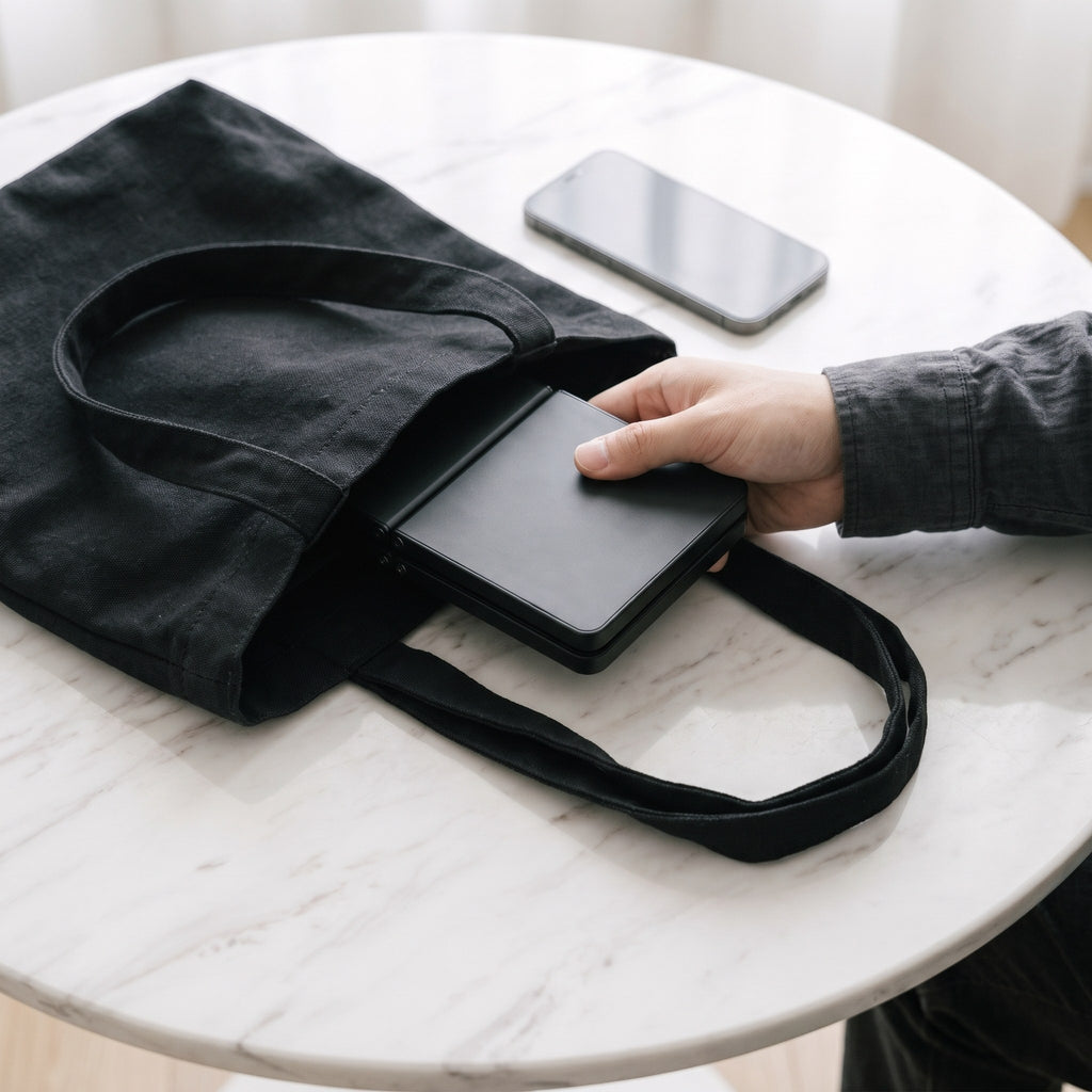 Keyboard folded to phone size, sliding into a bag