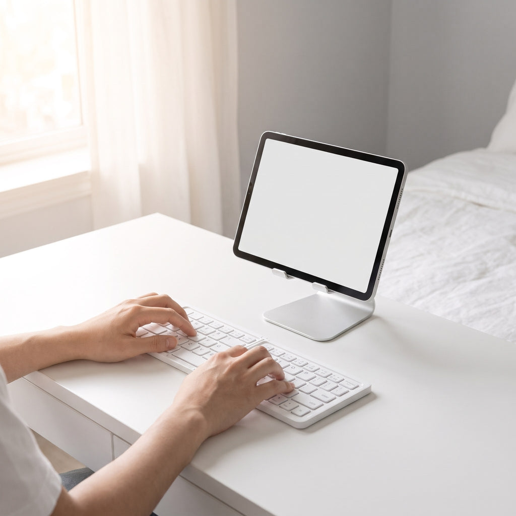 White keyboard on a white desk with a tablet