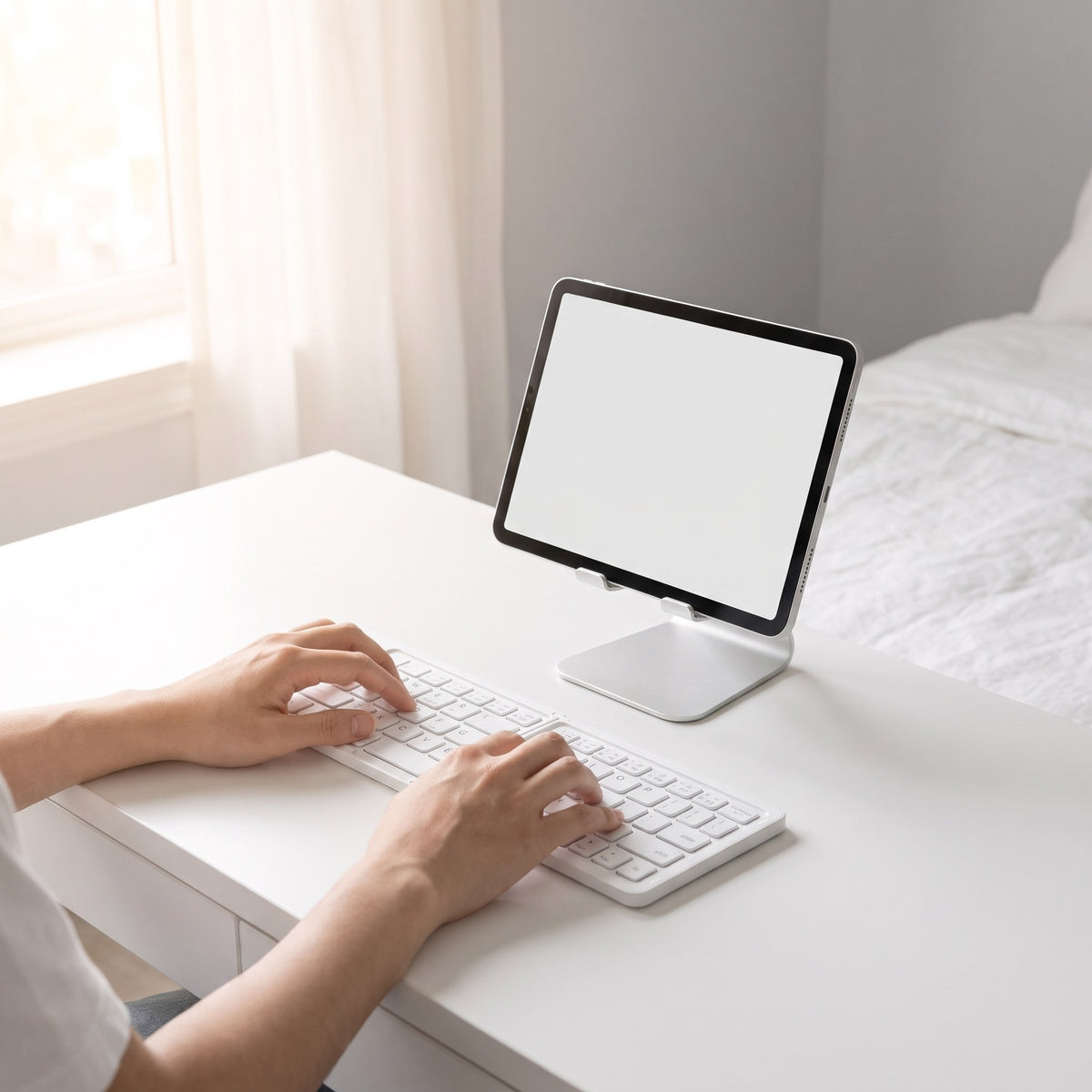 White keyboard on a white desk with a tablet