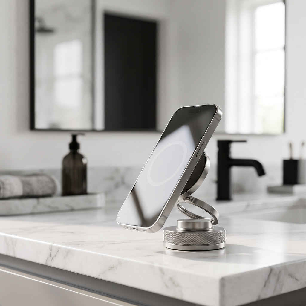 Magnetic suction phone mount on a marble bathroom counter