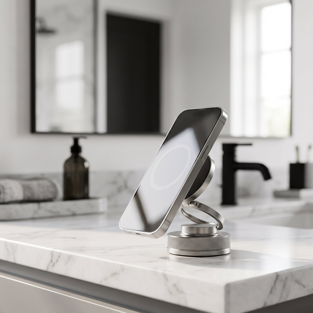 Magnetic suction phone mount on a marble bathroom counter