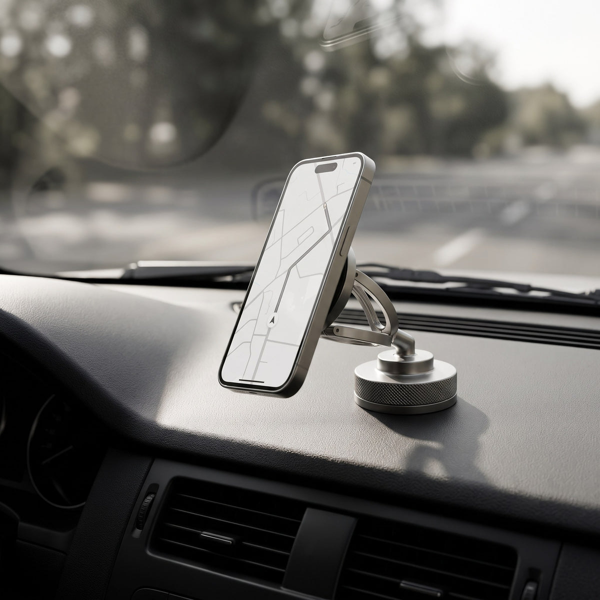 Phone mount on a car dashboard