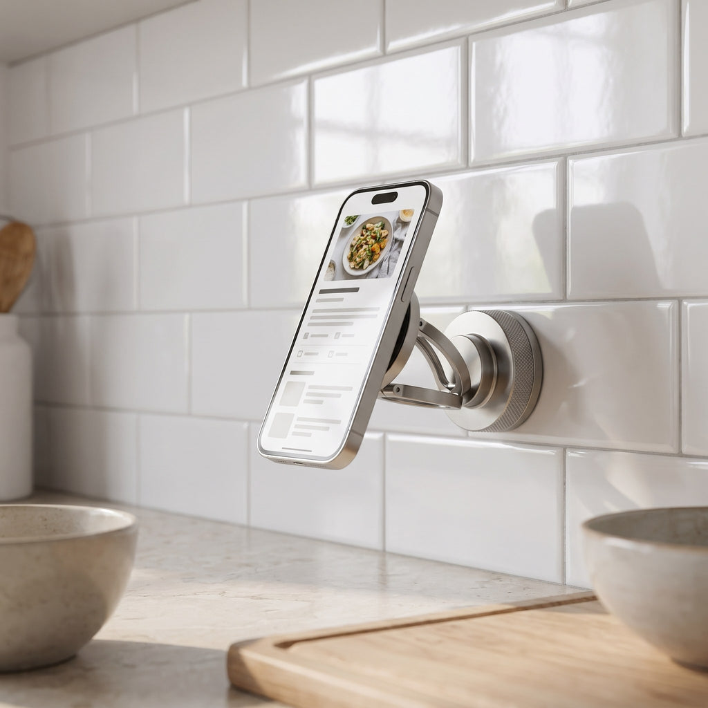 Phone mount on a kitchen backsplash