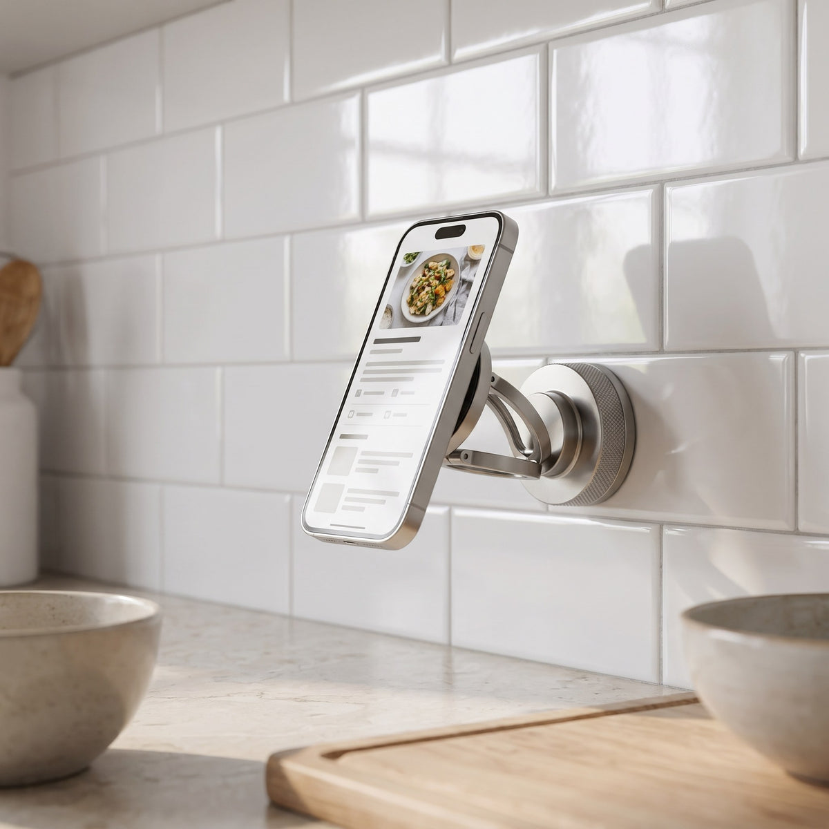 Phone mount on a kitchen backsplash