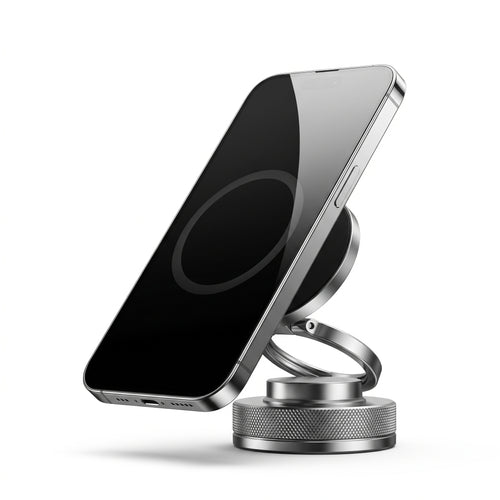 Vacuum suction magnetic phone mount holding a phone, white studio